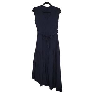 FRNCH Paris Navy Blue Button Back Midi Dress Sz S Asymmetrical‎ Hem Sleeveless